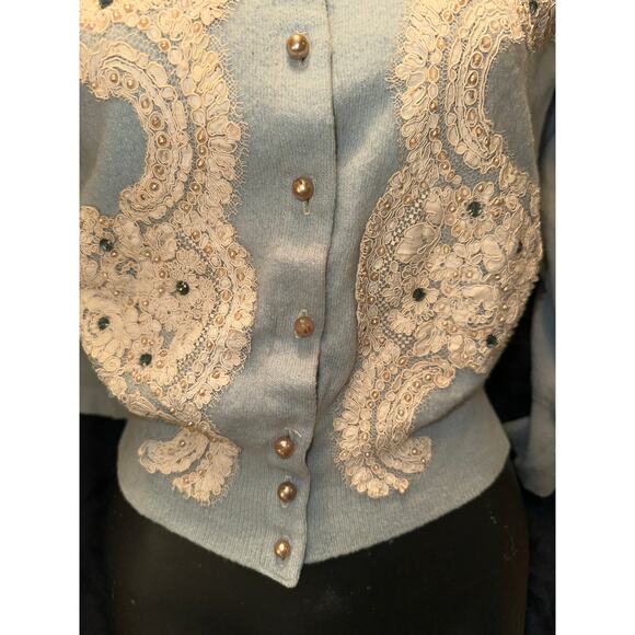 SPECTACULAR LINED VINTAGE LACE & JEWEL TRIM CARDIGAN SWEATER MUST SEE!! - Picture 5 of 13